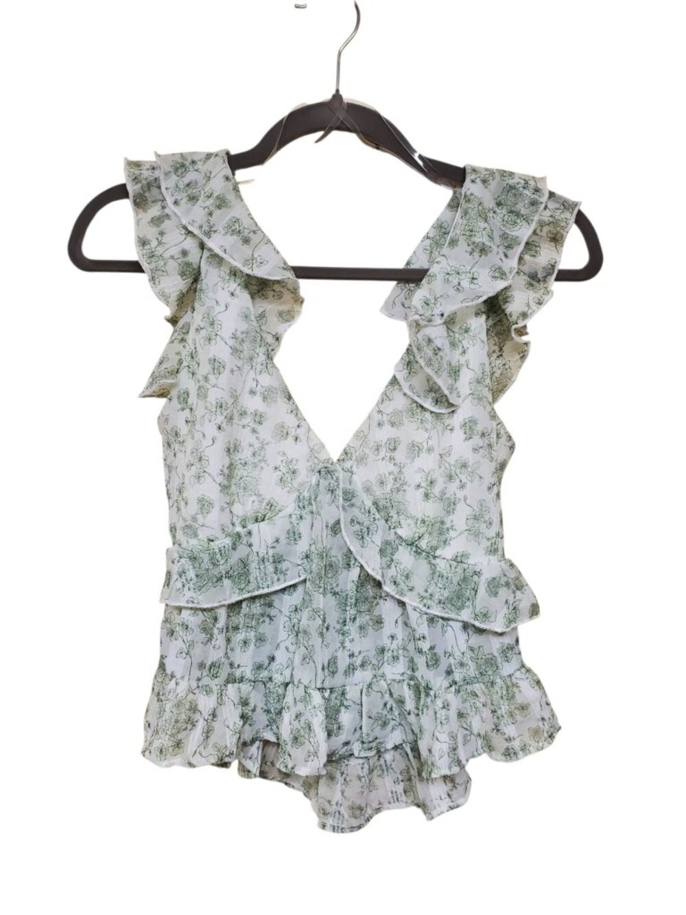 Trixxi Juniors White Green Floral Ruffle Sleeveless Cut Out Back Fairycore Top S